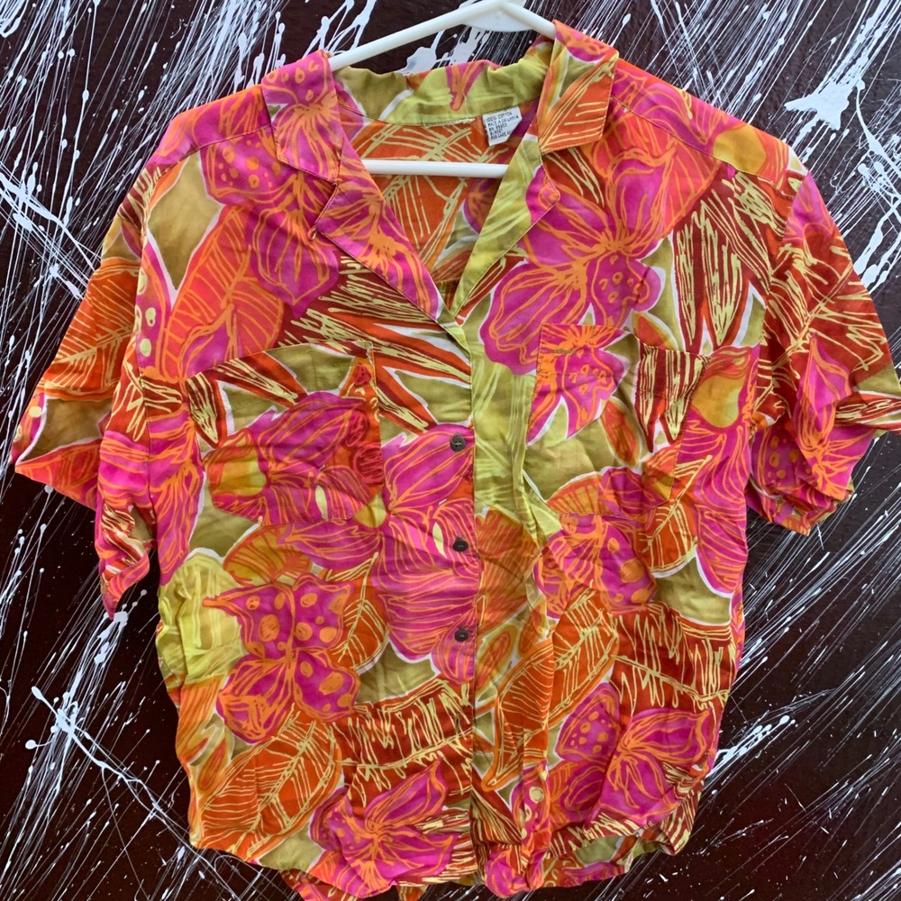 Vintage Tropical Floral Button Down Shirt Cotton Short Sleeve Pink Orange Green